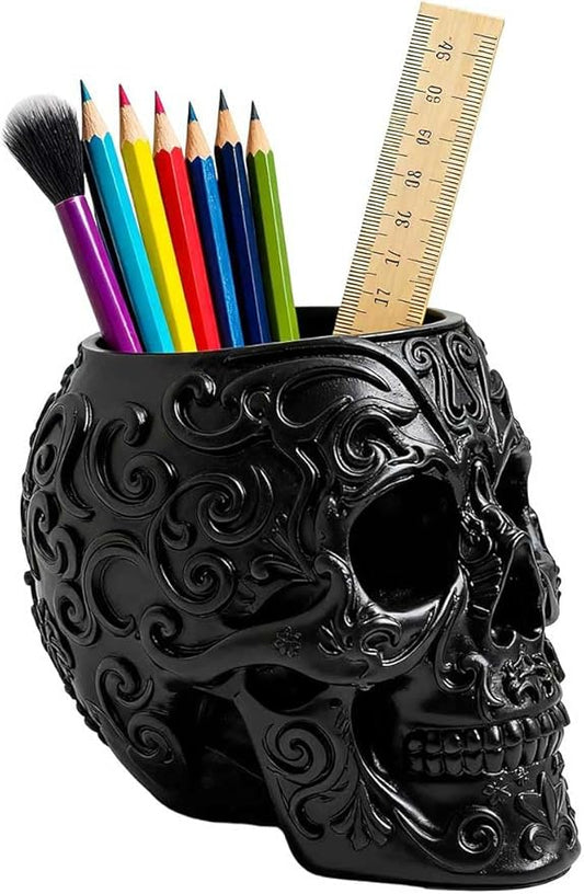 CUZOKOLA Goth Accessories Black Skull Decor for Pen Holder with Strong Resin,Skull Makeup Brush Holder for Vanity Decor,Office Organizer,Skull Planter