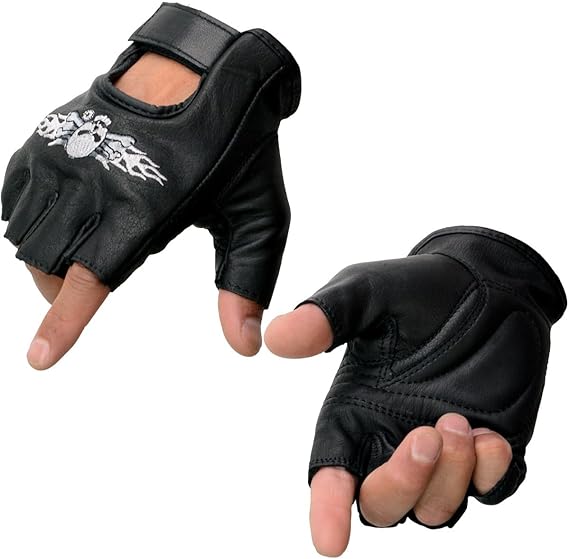 SH353 Men's Black Leather Gel Padded Palm Fingerless Motorcycle Hand Gloves W/ ‘Embroidered Skull & Bones’