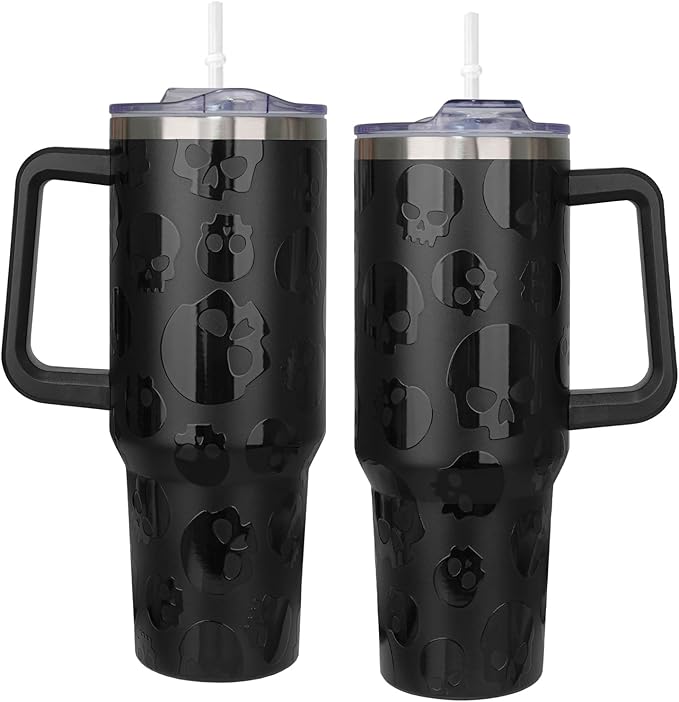 5D Printed Black Skull Tumbler Goth Gifts 40 oz Halloween Horror Tumbler with Handle Lid and Straw Spooky Skull Cups Gothic Halloween Water Bottle Travel Mug