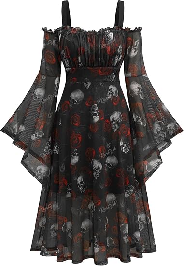 Rosegal Plus Size Women Medieval Gothic Bell Sleeves Cold Shoulder Skulls Dress Halloween Dress