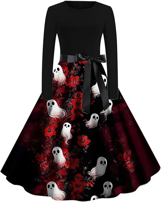 Vintage Dress for Women Halloween Skull Print Long Sleeve Flare Midi Dresses Retro 50s A-line Party Dress with Belt