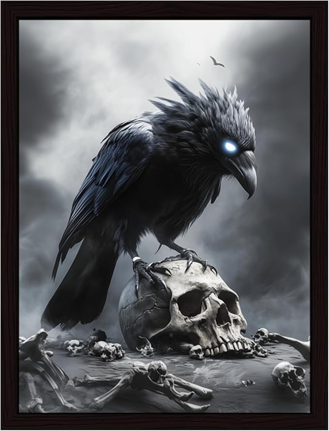 Witch Raven Wall Art – Halloween Skull Decor – Spooky Gothic Print for Witchcore Room – 12x16 Inch Framed Canvas
