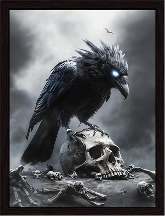 Witch Raven Wall Art – Halloween Skull Decor – Spooky Gothic Print for Witchcore Room – 12x16 Inch Framed Canvas