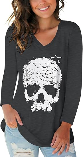 Women's Long Sleeve V-Neck Shirts Fall Graphic Tees Loose Casual T-Shirt