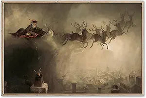 16 x 24in Vintage Christmas Canvas Wall Art Prints Santa Claus with Reindeer Sleigh Art Poster Xmas Wall Decor for Gallery Living Room Bedroom (UNFRAMED)