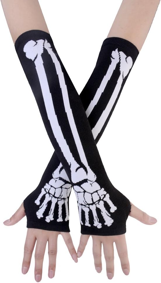 Women Punk Winter Arm Warmer Knitted Stretchy Soft Fingerless Gloves White Skeleton