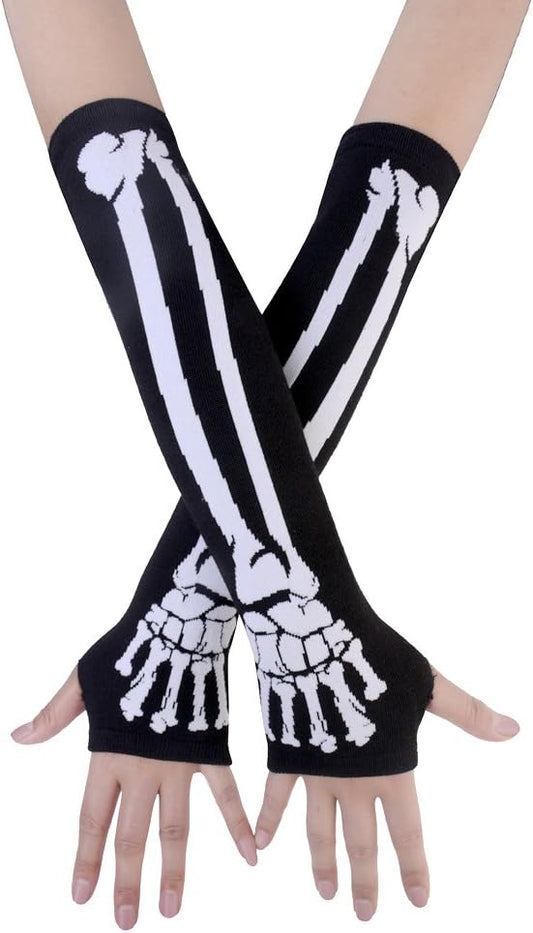 Women Punk Winter Arm Warmer Knitted Stretchy Soft Fingerless Gloves White Skeleton