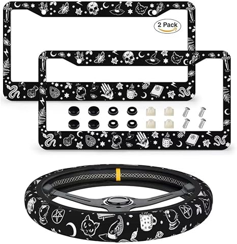 Goth License Plate Frame Novelty Personalized Car Tag Halloween Steering Wheel Covers Witchy License Plate Cover 2 Holes for US Standard Vehicles with Screw Caps Gothic Skull Car Accessories