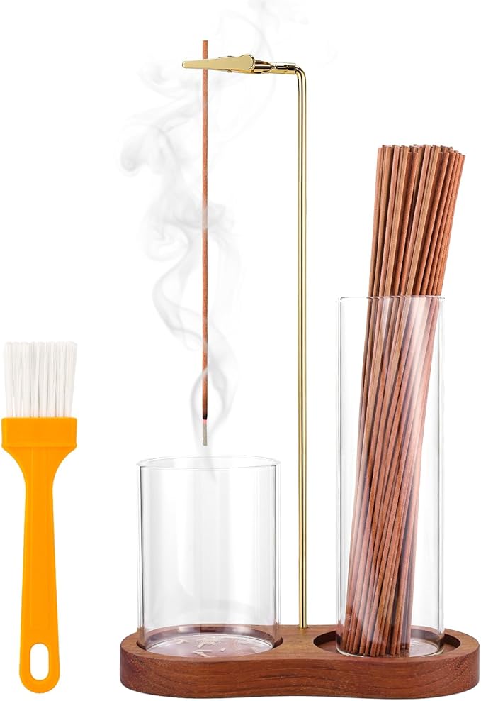 2 in 1 Incense Holder for Sticks with Glass Ash Catcher, Upside Down Anti-Ash Incense Stick Burner, Modern Vertical Incense Holder for Yoga, Spa, Meditation and Home Decor Reddish Brown