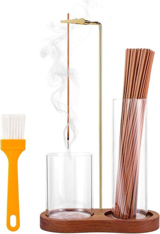 2 in 1 Incense Holder for Sticks with Glass Ash Catcher, Upside Down Anti-Ash Incense Stick Burner, Modern Vertical Incense Holder for Yoga, Spa, Meditation and Home Decor Reddish Brown