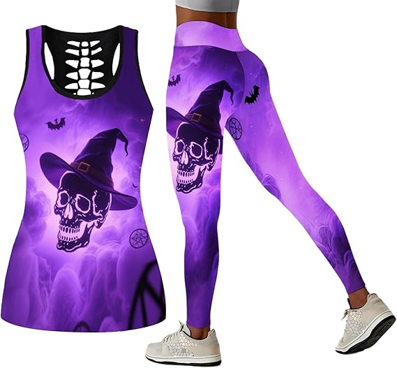 Women’s Sugar Skull Yoga Outfits for Women 2 Piece Sets, Christmas Tank Tops Leggings Workout Activewear for Girls