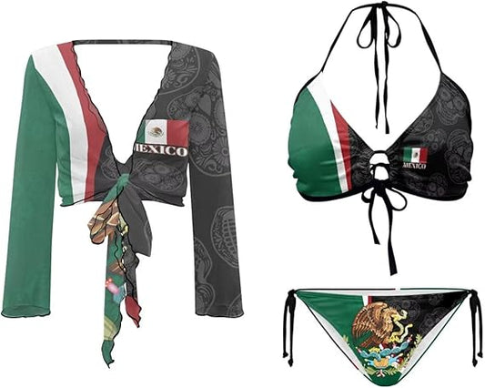 Womens 3 Pieces Bikini Set Flag Print String Swimsuit+ Beach Cover up Sets Sexy Sheer Swimwear Top