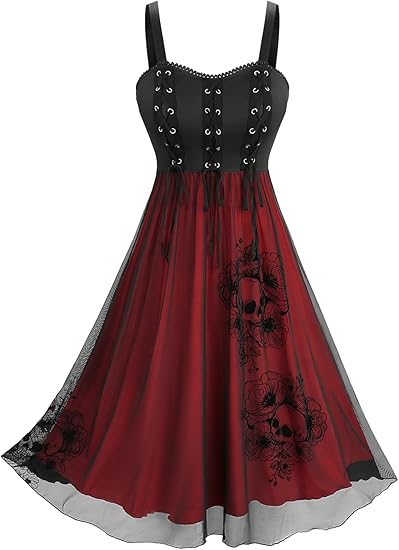 Women's Gothic Skull Rose Tank Dress – Flocking Lace-Up A-Line Dress with Grommets and Lace Trim