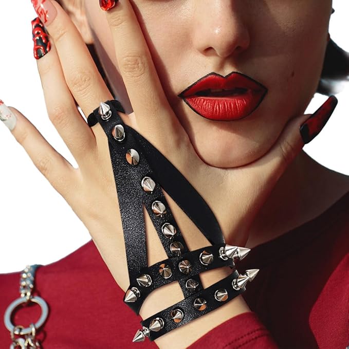 Black Leather Fingerless Gloves Punk Studded Glove for Women