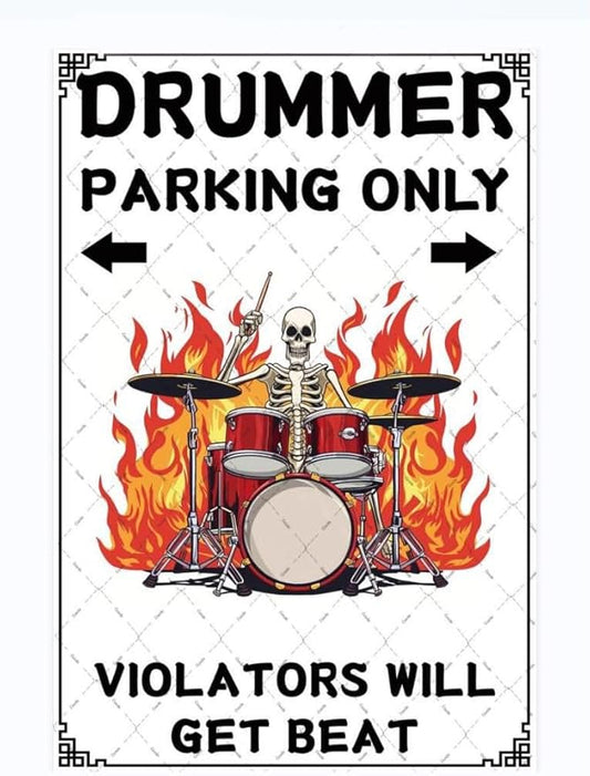 Cusde Drummer Metal Tin Sign Parking Only Skull Drum Decor Wall Art Vintage Retro Garage Signs for Men Women Wall Decorations Posters Man Cave Decor for Room Great Gift Idea 12x8 Inches