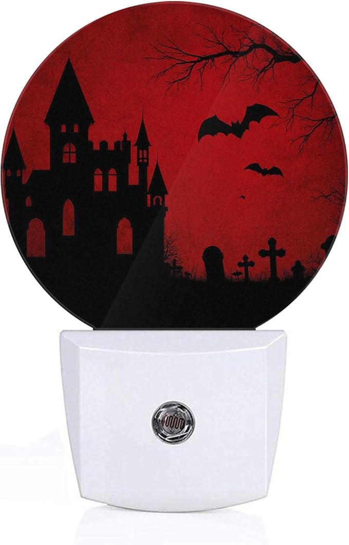 Axayaz Halloween Night Light Plug Into Wall Red Black Skull Spooky Bats Spider Ghost Grave Stone Castle Tree Auto Sensor LED Dusk to Dawn Light for Bedroom Staircase