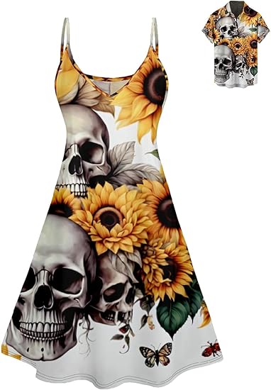 Matchable Couples' Outfit Skull Sunflower Print Men's Shirt Or Women's Spaghetti Strap Dress