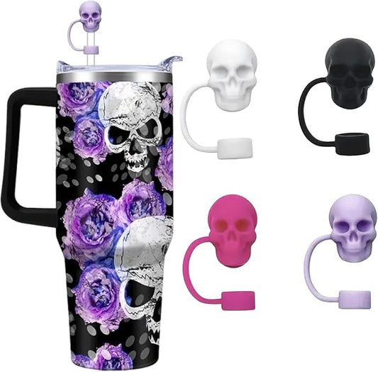 Skull Straw Cover Cap for Stanley Cup, 4Pcs 10mm Silicone Straws Protector Halloween Straw Topper Compatible with 30&40 Oz Tumbler, Black White Rose Red Purple Skull Halloween Stanley Cup Accessories