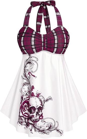 Rosegal Womens Plus Size Curve Halter Plaid Skull Print Backless Gothic Modest Tankini Swimsuit Set