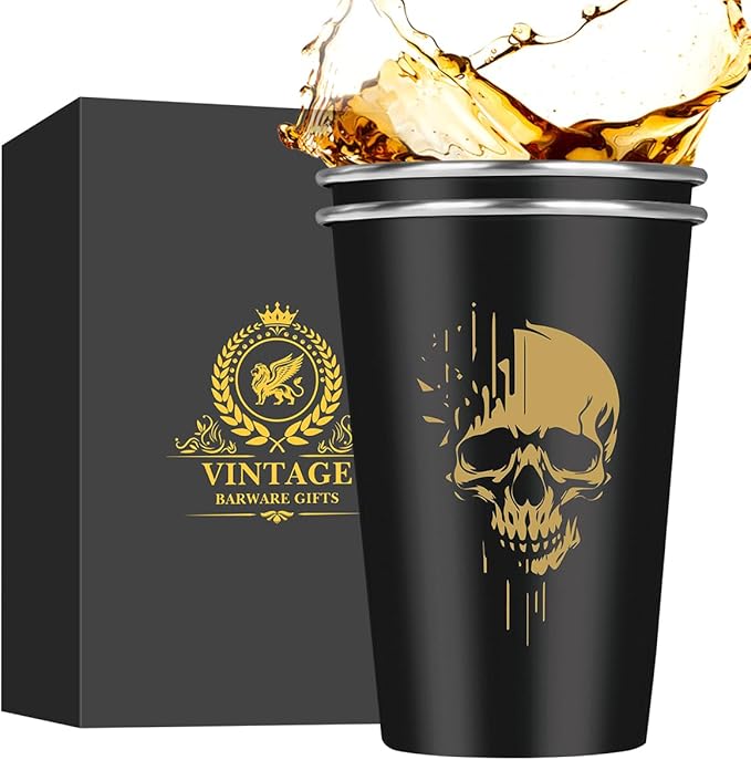 Skull Stainless Steel Beer Cups, Skull Gifts for Goth Fan, Stackable Camping Mugs for Outdoor Indoor Activity, Father's Day Halloween Christmas Gifts for Men Women, 500ML(2 Pack)