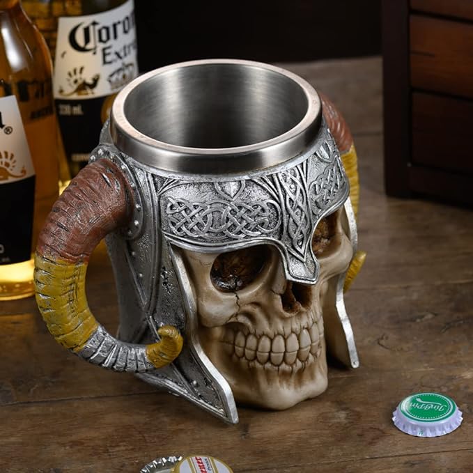 Viking Skull Beer Mug Beer Steins Tankard, Stainless Steel Double Handle Horn Coffee Cup, Medieval Gift Skeleton Drinkware Mug, Drinking Cup for Beer/Coffee/Beverage/Juice 17oz Bar Decoration