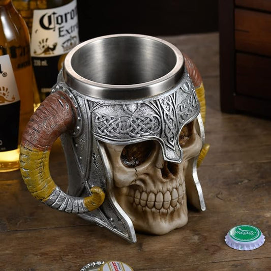 Viking Skull Beer Mug Beer Steins Tankard, Stainless Steel Double Handle Horn Coffee Cup, Medieval Gift Skeleton Drinkware Mug, Drinking Cup for Beer/Coffee/Beverage/Juice 17oz Bar Decoration