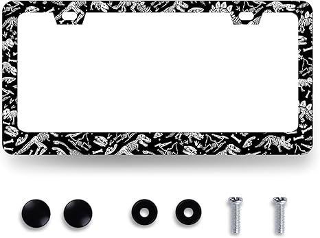Black and White Dinosaur Bones License Plate Frame Animal Skull License Plate Holder Funny Auto Parts Stainless Steel Universal Cars Decoration for Men Women 12.2" x 6.2"