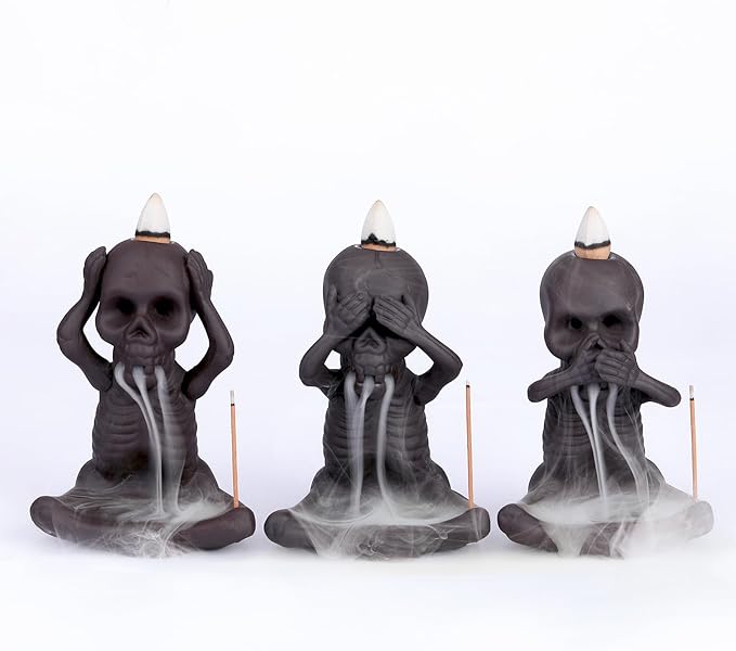 Skull Backflow Incense Holder, Smoke Waterfall Incense Holder Creative Ceramic Incense Burner with Mat and Tweezers, Incense Holder for Room Decor(Set of 3)