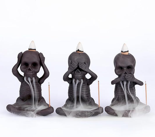 Skull Backflow Incense Holder, Smoke Waterfall Incense Holder Creative Ceramic Incense Burner with Mat and Tweezers, Incense Holder for Room Decor(Set of 3)