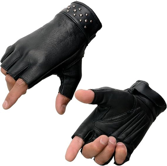 MG7761 Women's Black Leather Gel Palm Fingerless Motorcycle Hand Gloves W/Stylish ‘Wrist Detailing’