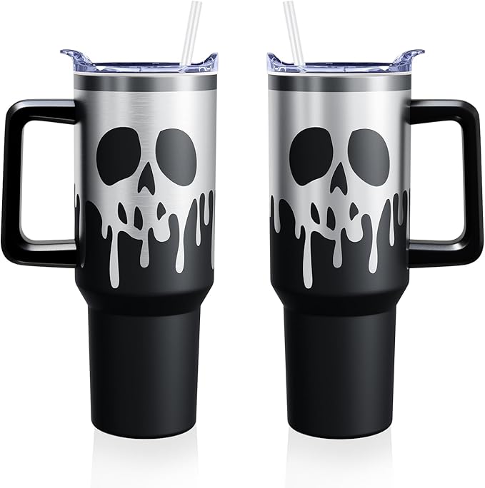 Halloween Skeleton 40 oz Tumbler with Lid Handle and Straw Skull Stainless Steel Double Walled Insulated Cup Halloween Travel Mug Water Bottle Gifts for Men and Women (1PC)