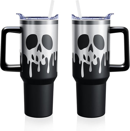 Halloween Skeleton 40 oz Tumbler with Lid Handle and Straw Skull Stainless Steel Double Walled Insulated Cup Halloween Travel Mug Water Bottle Gifts for Men and Women (1PC)