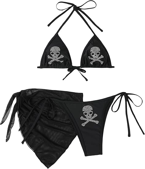 Women's Skull Rhinestone Triangle Halter Tie 3 Piece Metallic Swimsuit and Wrap Skirt