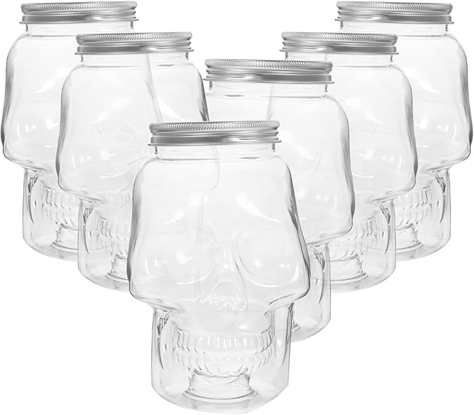 Cabilock 6Pcs Transparent Skull Beverage Bottles Halloween Themed Refillable Juice Containers with Lids Multi Function Drinking Bottles for Parties and Events