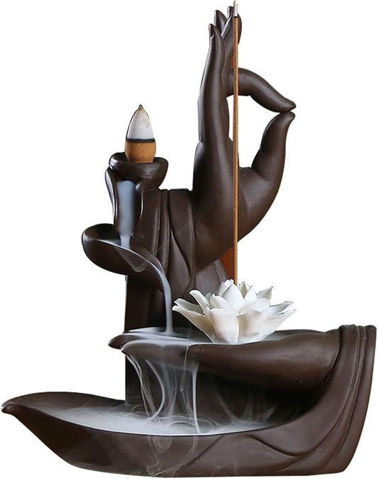 Backflow Incense Holder Burner Handmade Ceramic Incense Cones Sticks Holder Home Decor Waterfall Backflow Incense Burner Censer + 10 Backflow Incense Cones Gift (Lotus)