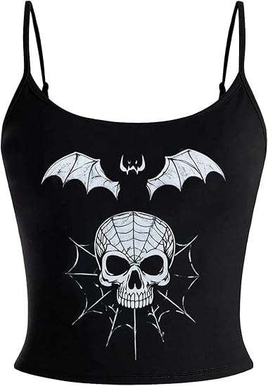 Women's Y2k Gothic Skull Bat Print Tank Spaghetti Strap Punk Grunge Camisole Top