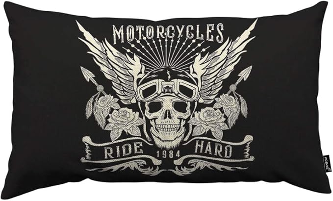 HOSNYE Motorcycle Throw Pillow Cover Skull with Helmet and Wings Ride Hard 1984 Linen Fabric for Couch Bed Sofa Car Waist Cushion Cover 12 x 20 inch Pillow Case