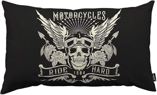 HOSNYE Motorcycle Throw Pillow Cover Skull with Helmet and Wings Ride Hard 1984 Linen Fabric for Couch Bed Sofa Car Waist Cushion Cover 12 x 20 inch Pillow Case