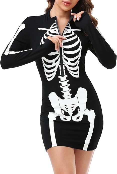 Women's Skeleton Dress Spooky Long Sleeve Bones Mini Dress Halloween Party Costume Fitted Stretchy Bodycon with Half Zip