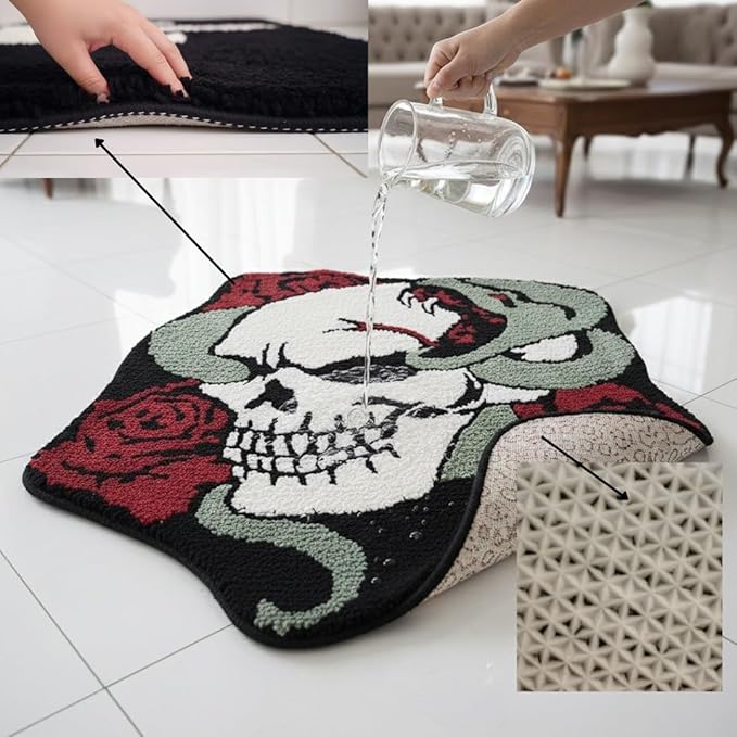 Skull Snake and Roses Bath Mat Gothic Bathroom Rug, Non-Slip Absorbent Microfiber Skull Face Mat for Bathroom Decor, Horror or Witchy Home, Machine Washable Bath Rug for Aesthetic Home Decor