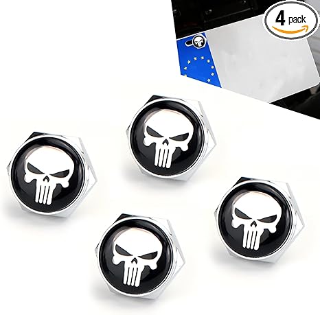 4 PCS License Plate Screws, Skull Personalized Decorative License Plate Frame Anti-Theft Fasteners, Alloy Anti-Vibration Anti-Rust Bolt Cover, for Most Cars Trucks Motorcycles SUVs (Silver)