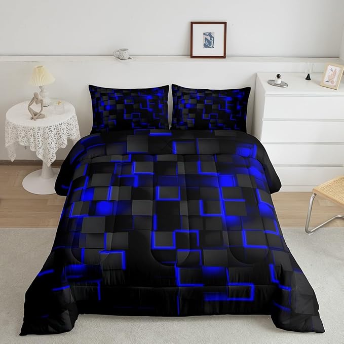 Feelyou Blue and Black Bedding Set Twin Size Light Geometric Comforter Set for Kids Boys Girls Decor Comforter Modern Style Duvet Set with 1 Pillow Case