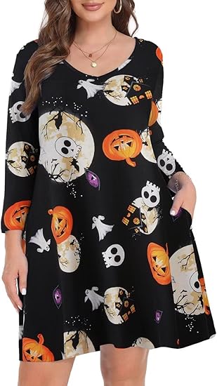 Plus Size Dresses for Curvy Women 3/4 Sleeve Dress with Pockets Casual Tshirt Dress V-Neck Flowy Swing Dress