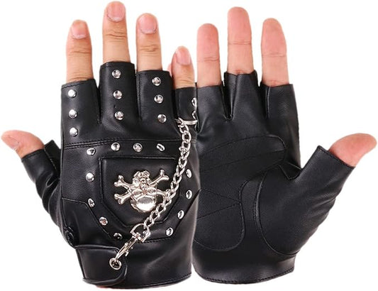 LIANXUE Half Finger Punk Rivets PU Leather Gloves Black Biker Gloves with Metal Chain for Motorcycles Fingerless Dancing Mittens Black PU Leather
