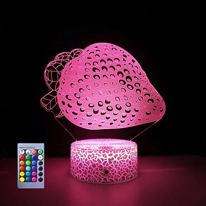 3D Strawberry Night Light Lamp Illusion Night Light 16 Color Changing Table Desk Decoration Lamps Gift with Acrylic Flat ABS Base USB Cable Toy