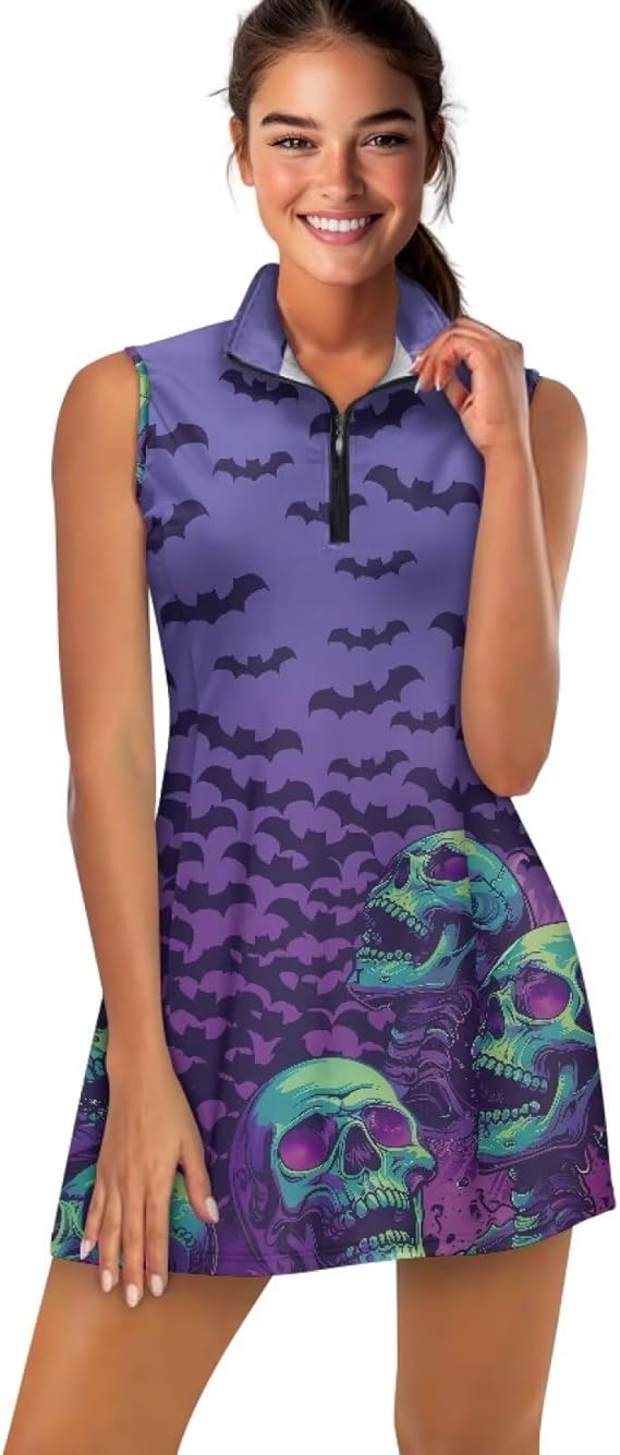 Women's Tennis Golf Dresses Zip Up Workout Athletic Sleeveless Dress with Shorts and Pocket Pickleball Outfits