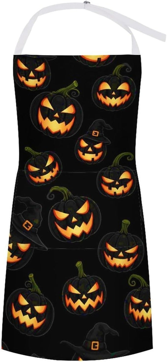 Men Women Professional Chef Bib Aprons Kitchen Apron Waterproof Apron with Large Pocket for Cooking, Grill, Baking, BBQ, Holidays, (Halloween Cool Pumpkin Skull Pattern)
