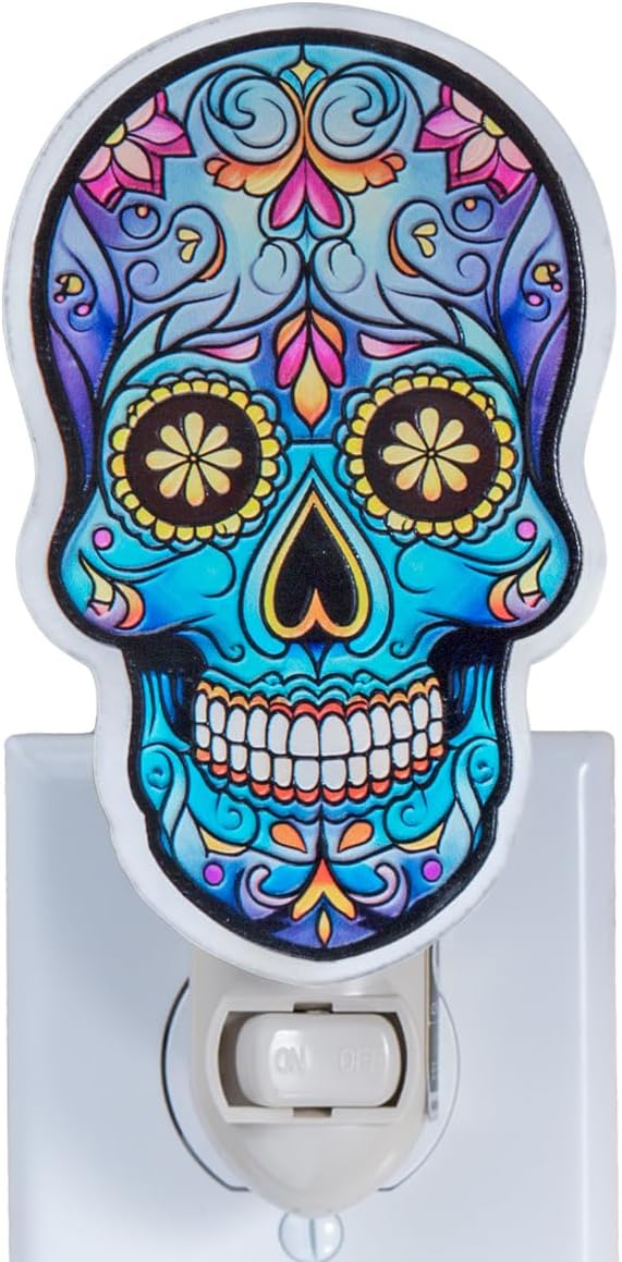 Day of The Dead Night Light Plug in – Sugar Skull Halloween Decor with Orange Marigolds, Stained Glass Styled Festival Light, Memorial Gift for Dia de Los Muertos or Mexican Celebration