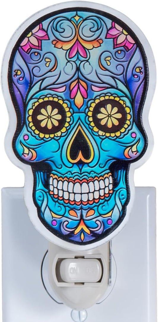 Day of The Dead Night Light Plug in – Sugar Skull Halloween Decor with Orange Marigolds, Stained Glass Styled Festival Light, Memorial Gift for Dia de Los Muertos or Mexican Celebration