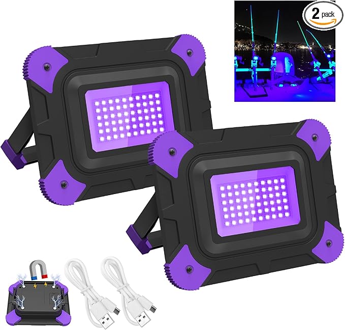 T-SUN Rechargeable Black Lights, Battery Powered Black Light for Fishing Portable Work Light for Glow Party Body Paint Fluorescent Poster Neon Party 2 Packs